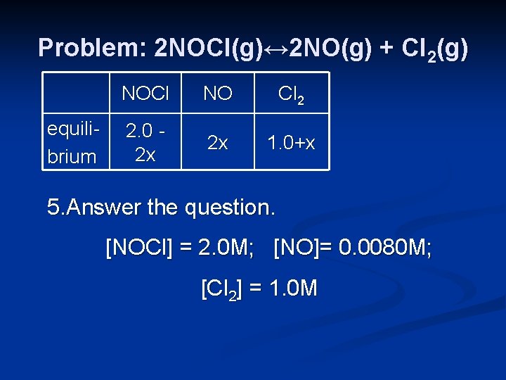 Problem: 2 NOCl(g)↔ 2 NO(g) + Cl 2(g) equilibrium NOCl NO Cl 2 2.