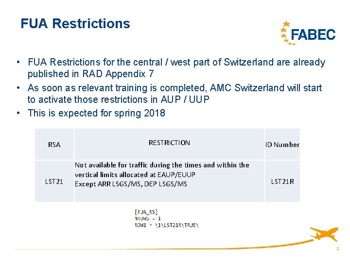 FUA Restrictions • FUA Restrictions for the central / west part of Switzerland are