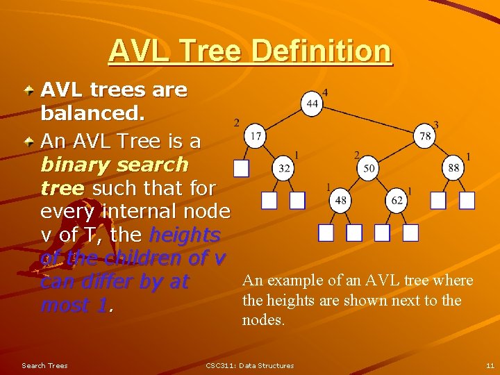 AVL Tree Definition AVL trees are balanced. An AVL Tree is a binary search