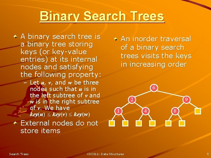 Binary Search Trees A binary search tree is a binary tree storing keys (or