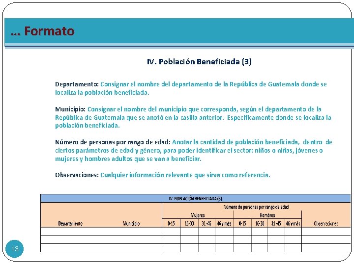 … Formato IV. Población Beneficiada (3) Departamento: Consignar el nombre del departamento de la