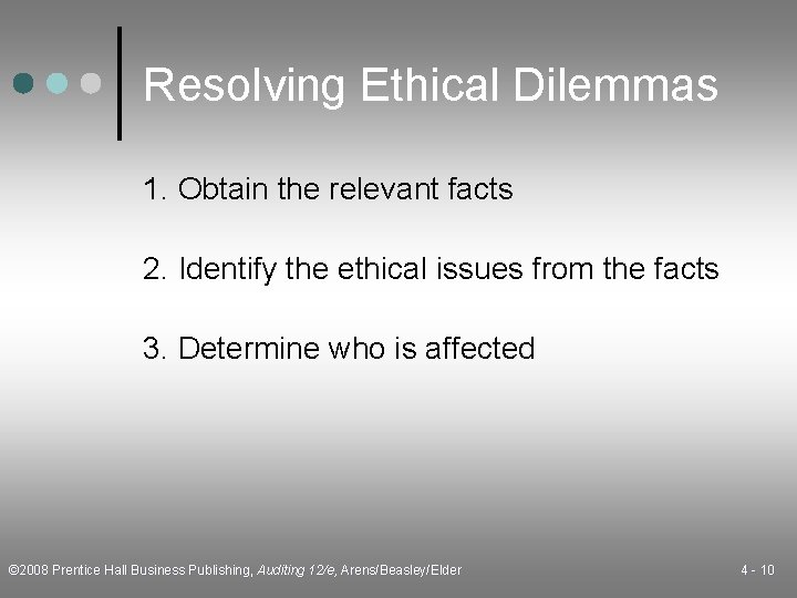 Resolving Ethical Dilemmas 1. Obtain the relevant facts 2. Identify the ethical issues from