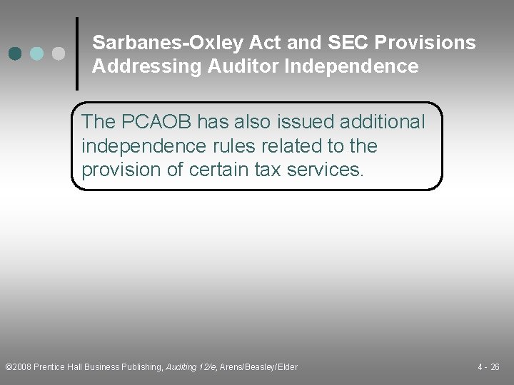 Sarbanes-Oxley Act and SEC Provisions Addressing Auditor Independence The PCAOB has also issued additional