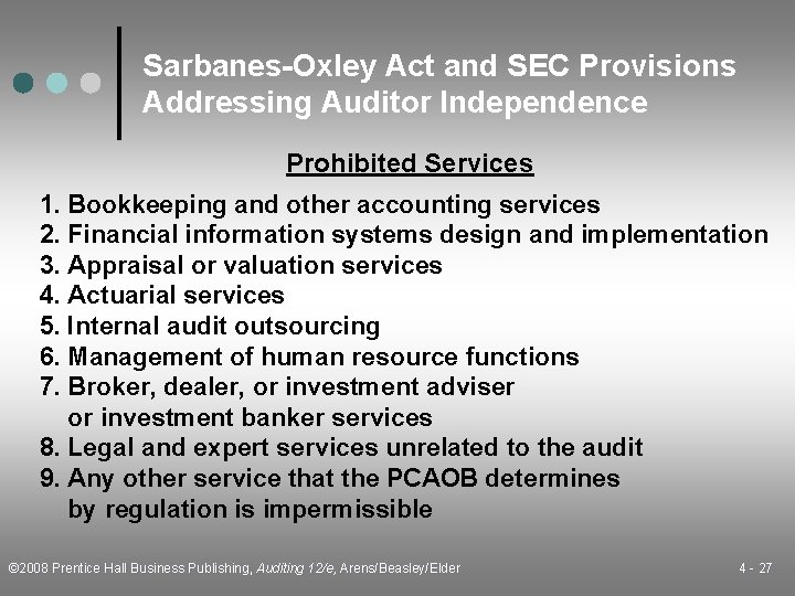 Sarbanes-Oxley Act and SEC Provisions Addressing Auditor Independence Prohibited Services 1. Bookkeeping and other