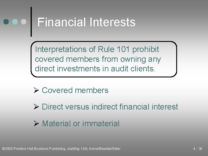 Financial Interests Interpretations of Rule 101 prohibit covered members from owning any direct investments