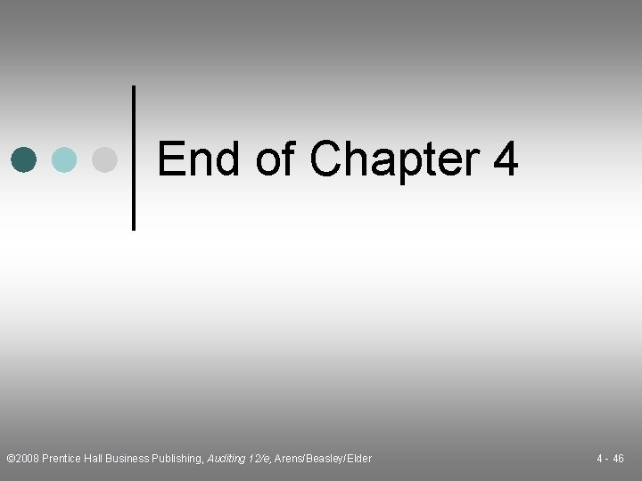 End of Chapter 4 © 2008 Prentice Hall Business Publishing, Auditing 12/e, Arens/Beasley/Elder 4