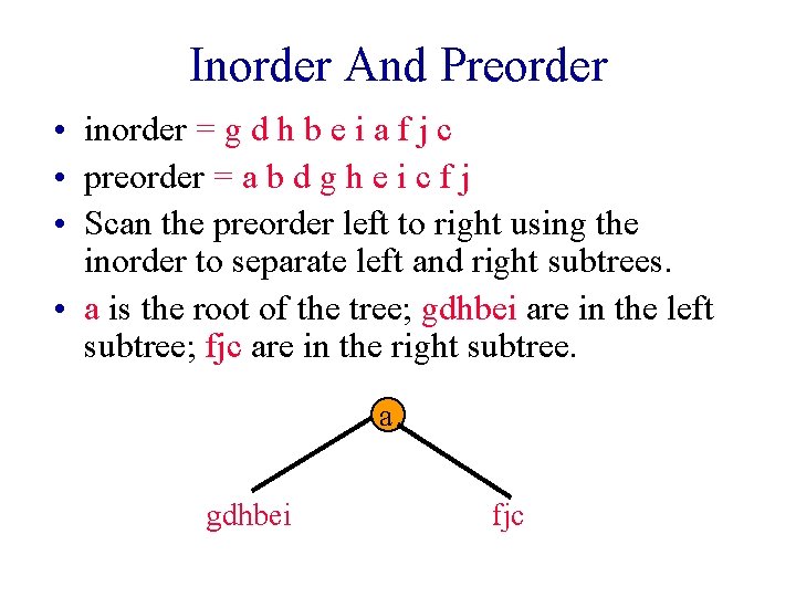 Inorder And Preorder • inorder = g d h b e i a f Inorder And Preorder • inorder = g d h b e i a f