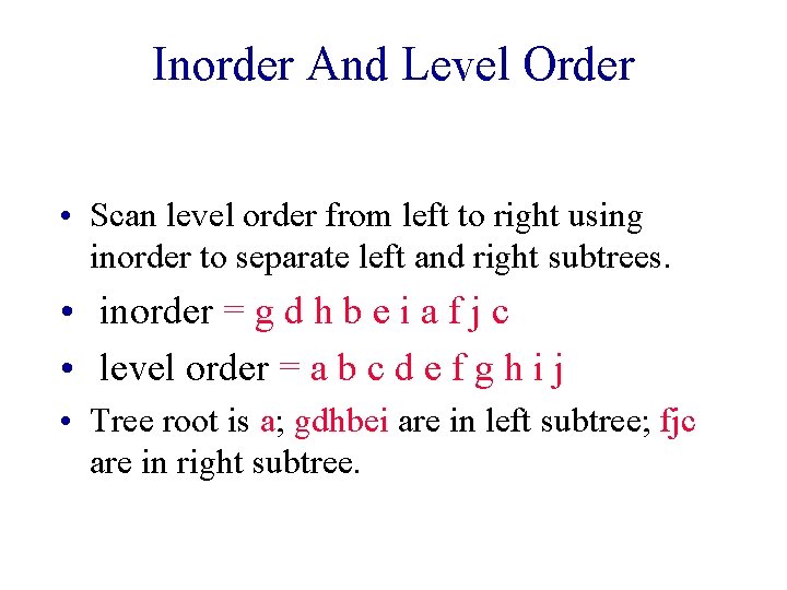 Inorder And Level Order • Scan level order from left to right using inorder Inorder And Level Order • Scan level order from left to right using inorder