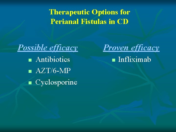 Therapeutic Options for Perianal Fistulas in CD Possible efficacy n n n Proven efficacy