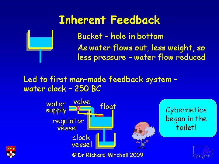 Inherent Feedback Bucket – hole in bottom As water flows out, less weight, so
