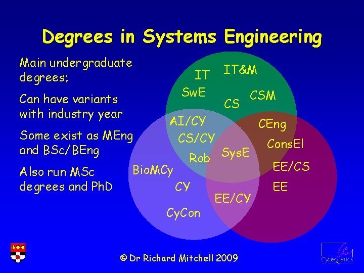 Degrees in Systems Engineering Main undergraduate degrees; Can have variants with industry year Some