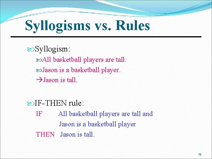 Syllogisms vs. Rules Syllogism: All basketball players are tall. Jason is a basketball player.