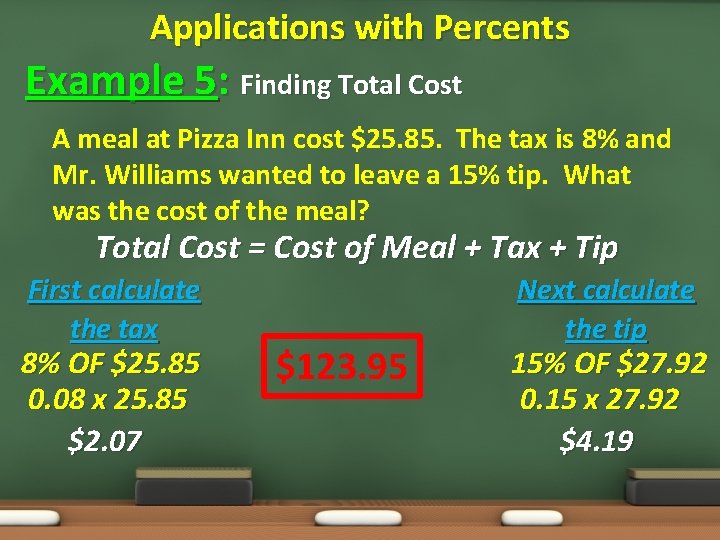Applications with Percents Example 5: Finding Total Cost A meal at Pizza Inn cost Applications with Percents Example 5: Finding Total Cost A meal at Pizza Inn cost