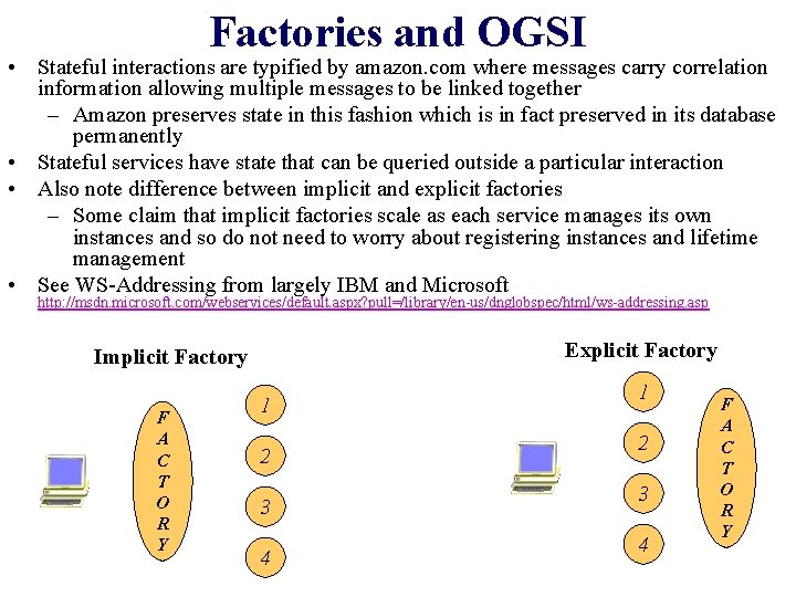 Factories and OGSI • Stateful interactions are typified by amazon. com where messages carry