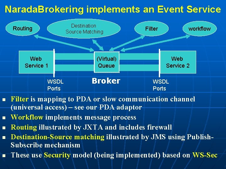 Narada. Brokering implements an Event Service Destination Source Matching Routing Web Service 1 WSDL