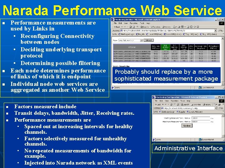 Narada Performance Web Service Performance measurements are used by Links in • Reconfiguring Connectivity