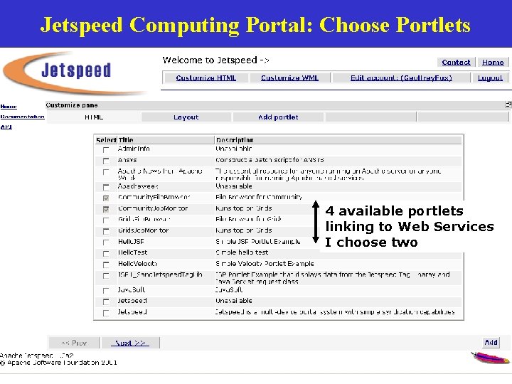 Jetspeed Computing Portal: Choose Portlets 4 available portlets linking to Web Services I choose