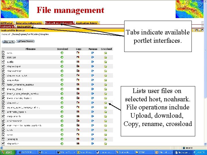 File management Tabs indicate available portlet interfaces. Lists user files on selected host, noahsark.
