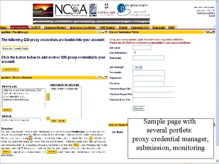 Sample page with several portlets: proxy credential manager, submission, monitoring 