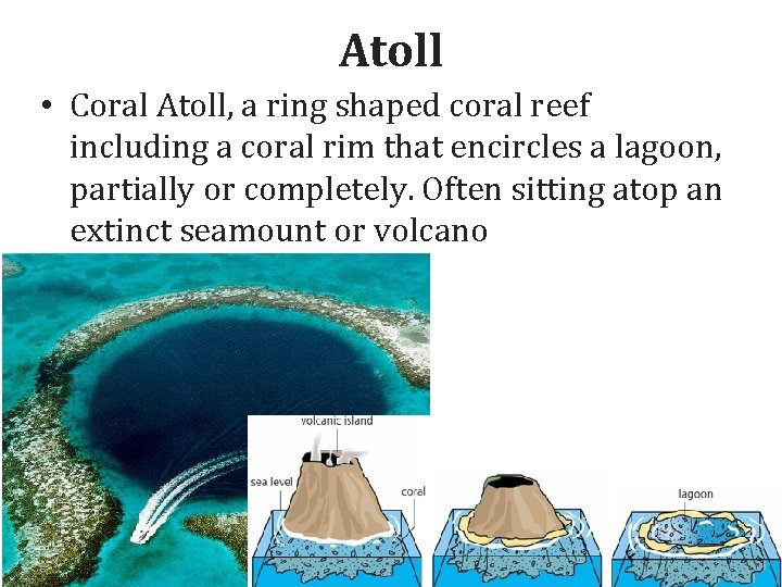 Atoll • Coral Atoll, a ring shaped coral reef including a coral rim that