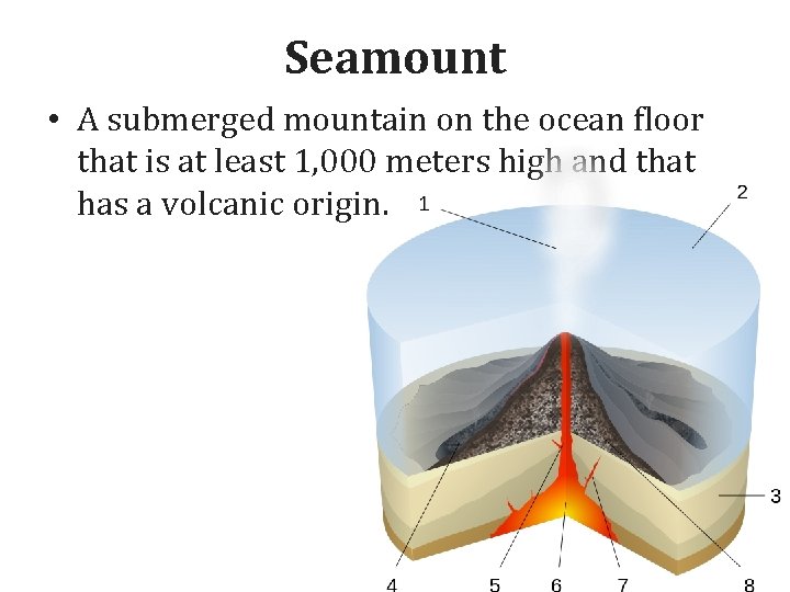 Seamount • A submerged mountain on the ocean floor that is at least 1,