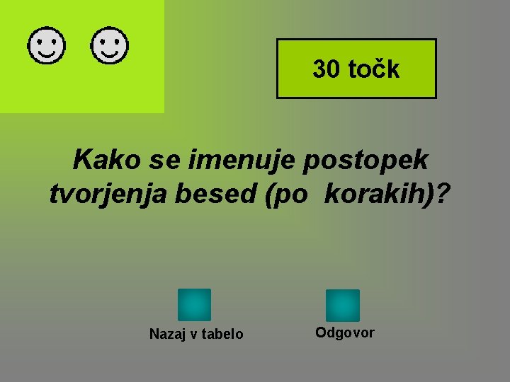 30 točk Kako se imenuje postopek tvorjenja besed (po korakih)? Nazaj v tabelo Odgovor 30 točk Kako se imenuje postopek tvorjenja besed (po korakih)? Nazaj v tabelo Odgovor