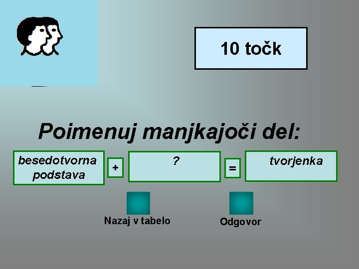 10 točk Poimenuj manjkajoči del: besedotvorna podstava + Nazaj v tabelo ? = Odgovor 10 točk Poimenuj manjkajoči del: besedotvorna podstava + Nazaj v tabelo ? = Odgovor