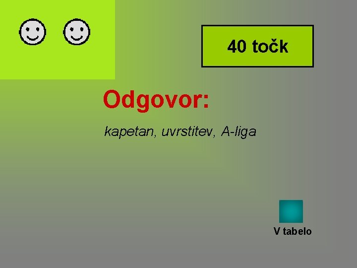 40 točk Odgovor: kapetan, uvrstitev, A-liga V tabelo 