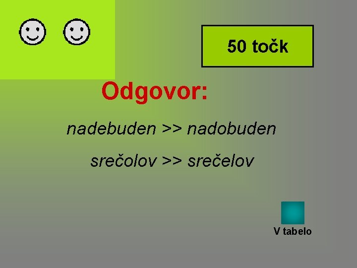 50 točk Odgovor: nadebuden >> nadobuden srečolov >> srečelov V tabelo 