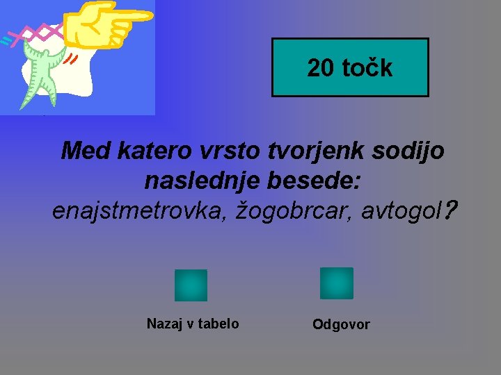 20 točk Med katero vrsto tvorjenk sodijo naslednje besede: enajstmetrovka, žogobrcar, avtogol? Nazaj v 20 točk Med katero vrsto tvorjenk sodijo naslednje besede: enajstmetrovka, žogobrcar, avtogol? Nazaj v