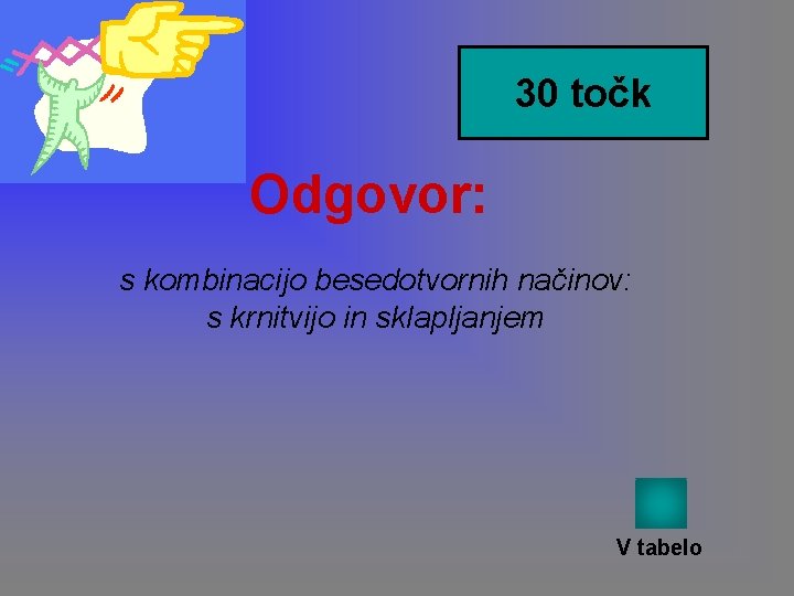 30 točk Odgovor: s kombinacijo besedotvornih načinov: s krnitvijo in sklapljanjem V tabelo 30 točk Odgovor: s kombinacijo besedotvornih načinov: s krnitvijo in sklapljanjem V tabelo