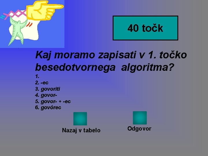 40 točk Kaj moramo zapisati v 1. točko besedotvornega algoritma? 1. 2. -ec 3.