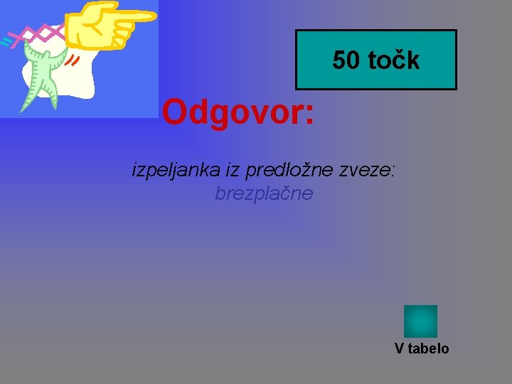 50 točk Odgovor: izpeljanka iz predložne zveze: brezplačne V tabelo 50 točk Odgovor: izpeljanka iz predložne zveze: brezplačne V tabelo