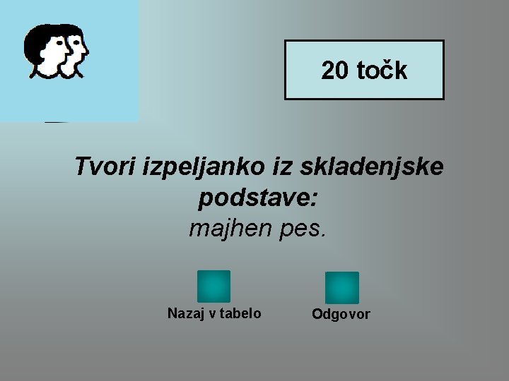 20 točk Tvori izpeljanko iz skladenjske podstave: majhen pes. Nazaj v tabelo Odgovor 20 točk Tvori izpeljanko iz skladenjske podstave: majhen pes. Nazaj v tabelo Odgovor