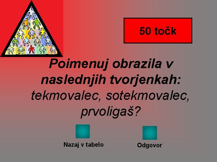 50 točk Poimenuj obrazila v naslednjih tvorjenkah: tekmovalec, sotekmovalec, prvoligaš? Nazaj v tabelo Odgovor