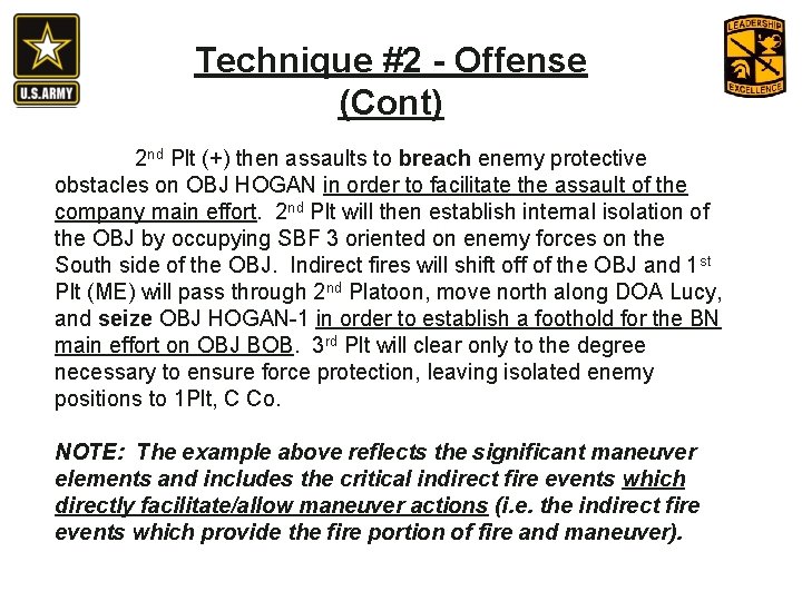 Technique #2 - Offense (Cont) 2 nd Plt (+) then assaults to breach enemy