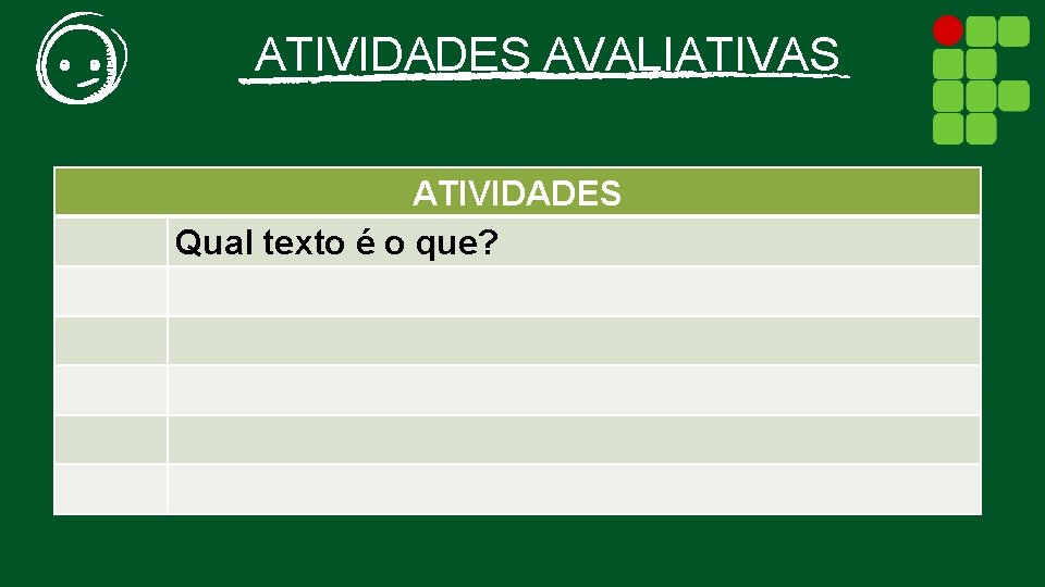 ATIVIDADES AVALIATIVAS ATIVIDADES Qual texto é o que? 