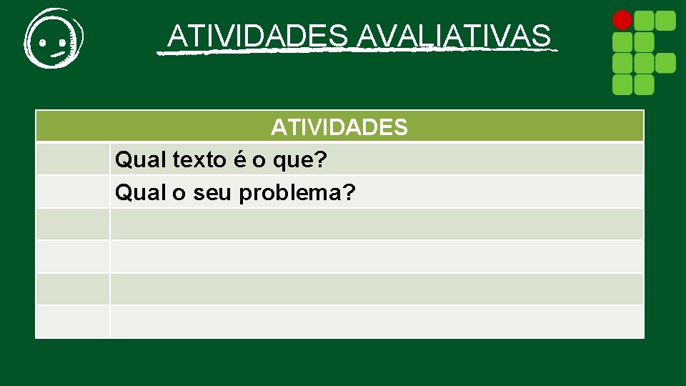 ATIVIDADES AVALIATIVAS ATIVIDADES Qual texto é o que? Qual o seu problema? 