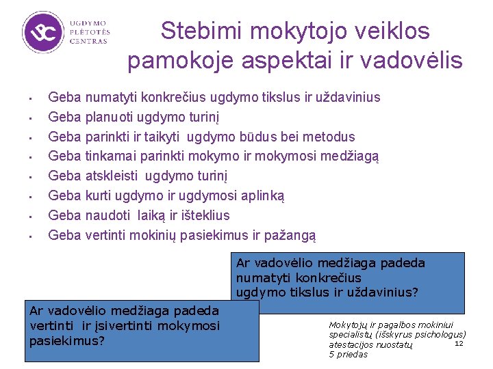 Stebimi mokytojo veiklos pamokoje aspektai ir vadovėlis • • Geba numatyti konkrečius ugdymo tikslus