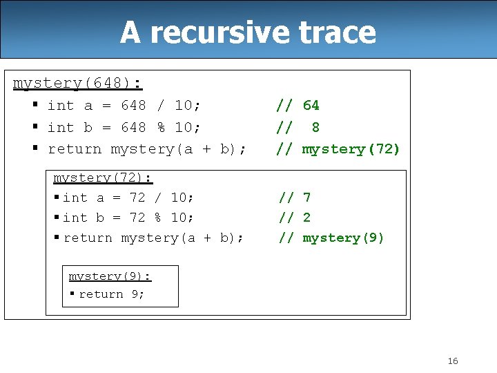 A recursive trace mystery(648): § int a = 648 / 10; § int b