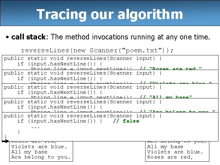 Tracing our algorithm • call stack: The method invocations running at any one time.