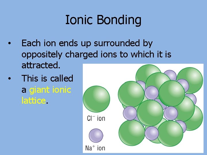 Ionic Bonding • • Each ion ends up surrounded by oppositely charged ions to