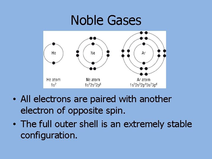 Noble Gases • All electrons are paired with another electron of opposite spin. •