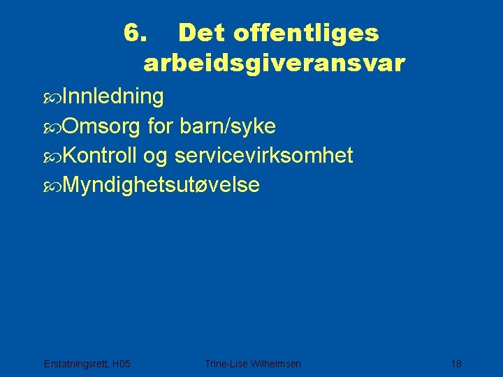 6. Det offentliges arbeidsgiveransvar Innledning Omsorg for barn/syke Kontroll og servicevirksomhet Myndighetsutøvelse Erstatningsrett, H