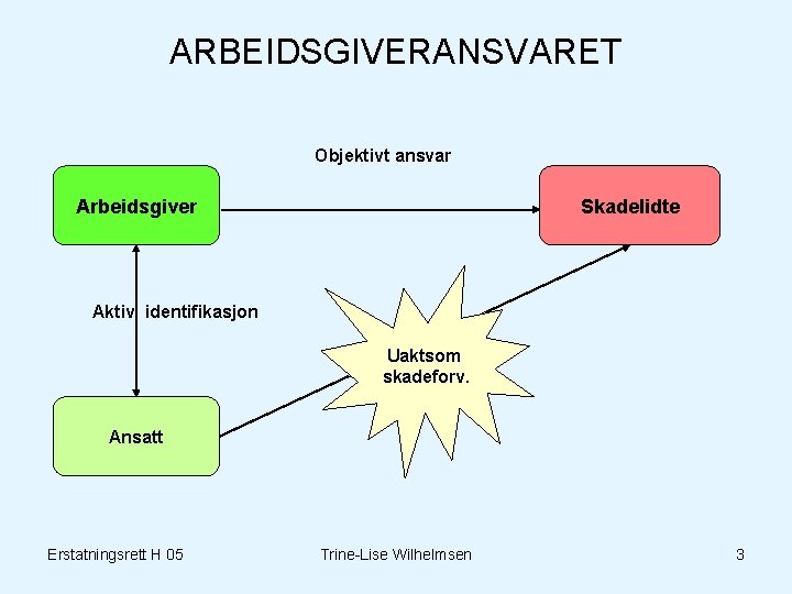 ARBEIDSGIVERANSVARET Objektivt ansvar Arbeidsgiver Skadelidte Aktiv identifikasjon Uaktsom skadeforv. Ansatt Erstatningsrett H 05 Trine-Lise