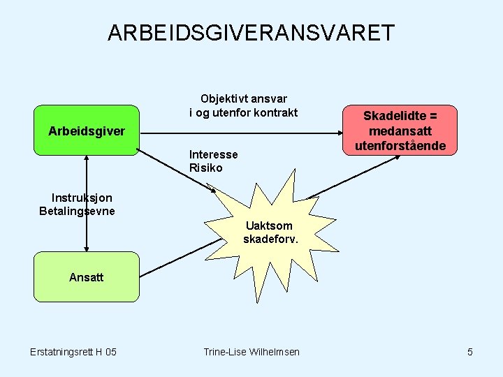 ARBEIDSGIVERANSVARET Objektivt ansvar i og utenfor kontrakt Arbeidsgiver Interesse Risiko Skadelidte = medansatt utenforstående