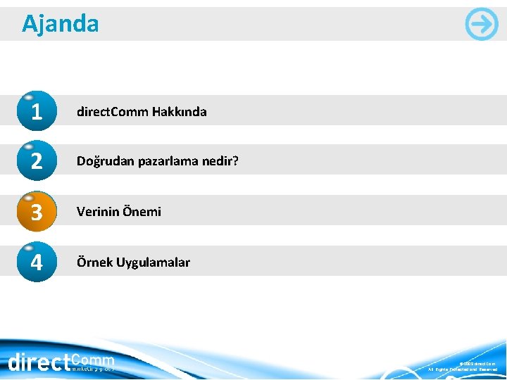 Ajanda 1 direct. Comm Hakkında 2 Doğrudan pazarlama nedir? 3 Verinin Önemi 4 Örnek