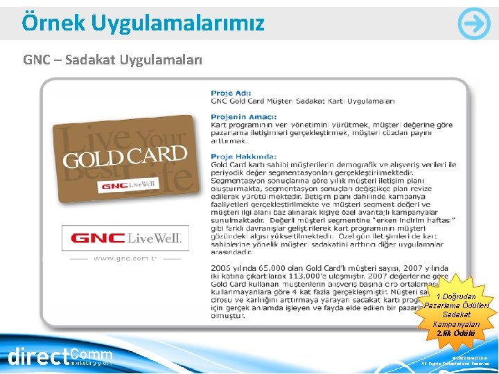 Örnek Uygulamalarımız GNC – Sadakat Uygulamaları 1. Doğrudan Pazarlama Ödülleri Sadakat Kampanyaları 2. lik