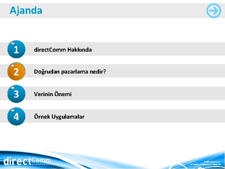 Ajanda 1 direct. Comm Hakkında 2 Doğrudan pazarlama nedir? 3 Verinin Önemi 4 Örnek