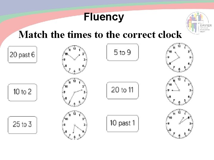 Fluency Match the times to the correct clock 